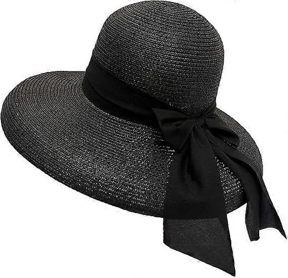 Dame Wide Brim Stråhatt Panama Kirke Derby Lue Solhatt med Sløyfe Bøtte Sommer Trilby Reise Strand Klassisk Flat Fedora for Bryllupsfest