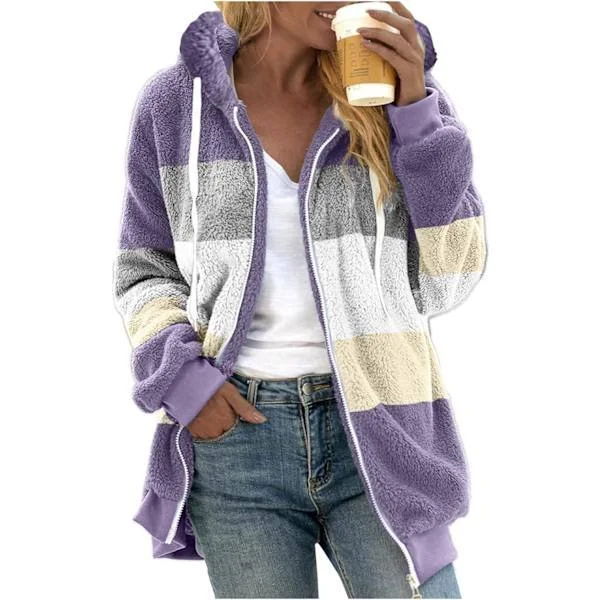 Hooded jacket women teddy fleece coat transition jacket with hood with pockets zipper autumn winter plush jacket fleece jacket winter S J Purple