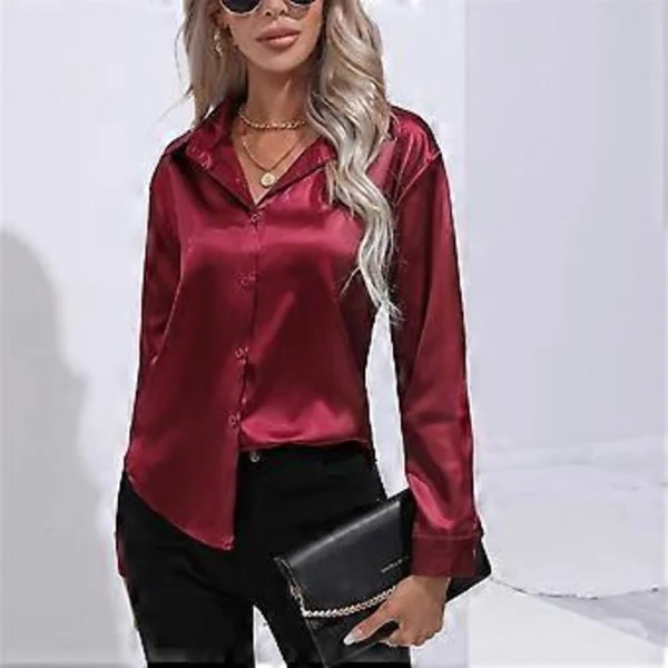 Forår Efterår Satin Bluse Imitation Silke Langærmet Skjorte til Dame Plus Size Løse Toppe (S bordeaux)