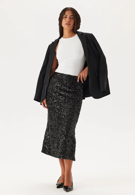 Pieces - Pcserena Sequin Hw Midi Skirt - Black Detail:Black sequins