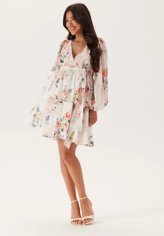 Goddiva - Floral Long Sleeve Tiered Skater Dress - White Floral