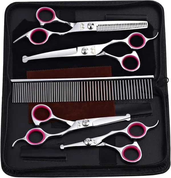 Pet Grooming Kit with Rounded Tips, 5-Piece Cat and Dog Scissor Set, Stainless Steel Pet Scissors, Straight, Curved, Thinning Scissors