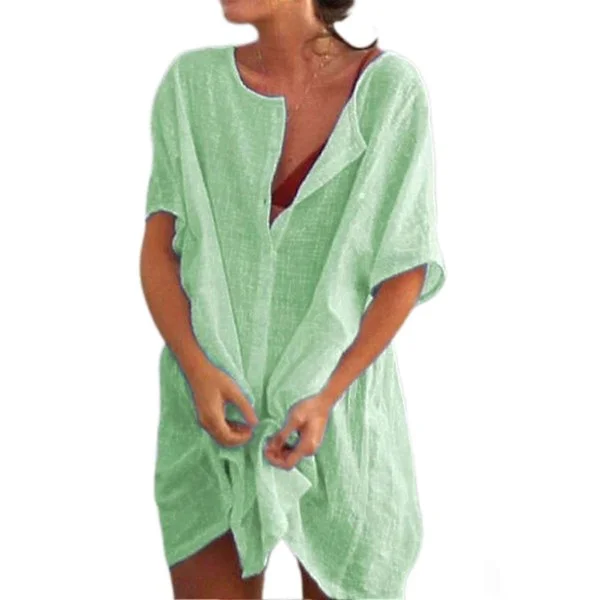 Women's Oversized Cotton T-Shirt Dress, Beach Dress, Bikini Cover-Up with Round Neckline, Button Placket Light Green