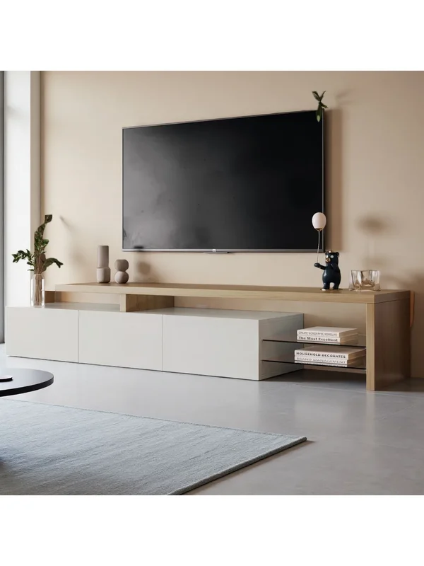AliExpress - Rosahqnda TV-Schrank mit LED-Beleuchtung, TV-Lowboard, Sideboard für Wohnzimmer, 2 Glasabtrennungen, 3 Schubladen, Weiß/Schwarz Hochglanz