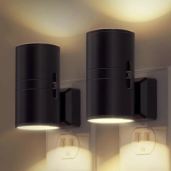 2-pack LED Nattlampa med Uttag, Moderna Vägglampor för Uttag, Skymningssensor, Mjukt Vitt Ljus 3000K, 0-100LM Justerbar Ljusstyrka, Dimbar Nattlampa