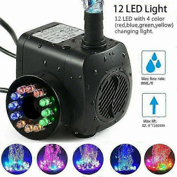 Fountain pump 15w 800l/h, pond pump, fountain pump, garden pump, fountain pump with 12 LEDs-FY-