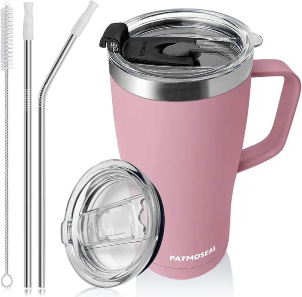 Isoleret rejsekrus med håndtag, sugerør og 2 spildsikre låg, termokop, kaffekrus, teflaske til varme og kolde drikke 600 ml/20 oz (Pi
