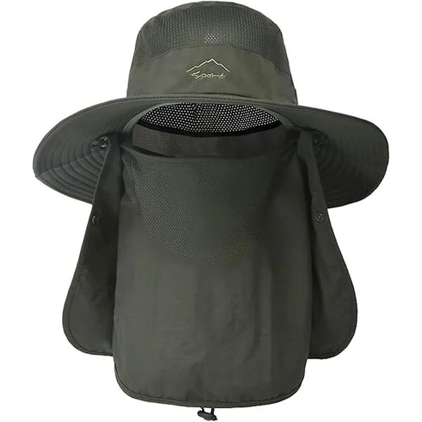 Fiskehatte til mænd og kvinder, vandrehat til mænd med ansigtsmaske, bredskygget strand-solhat (Armygrøn)