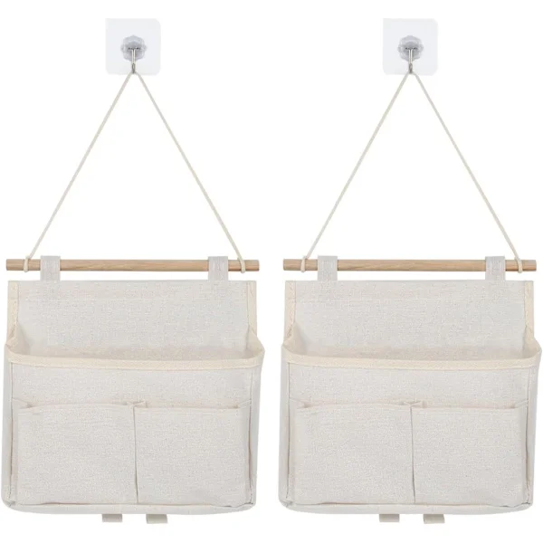 2 Pcs Wall Mounted Storage Bags, High Capacity Storage Bag with Pockets, Waterproof Linen Fabric Hanging Storage, Hanging Organizer (White)