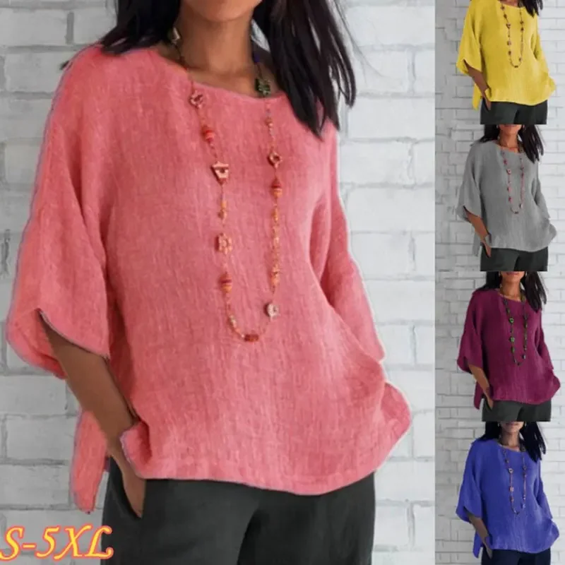 AliExpress - Grande taille coton Blouse chemises été col rond trois quarts ample blouse décontractée hauts vêtements d'été pour les femmes Streetwear