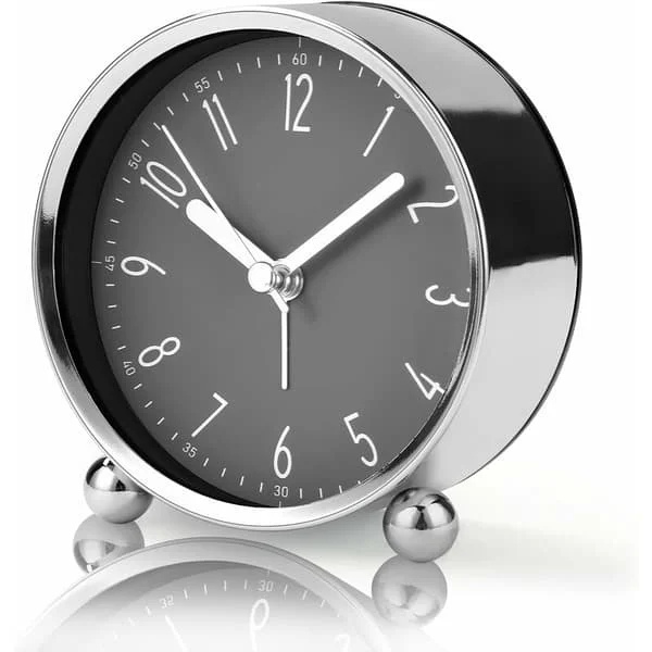 Ikke-tikkende vekkerklokke, 4'' stille nattbordsklokke for de som sover tungt, batteridrevet analog klokke (sølvfarget etui med svart urskive)