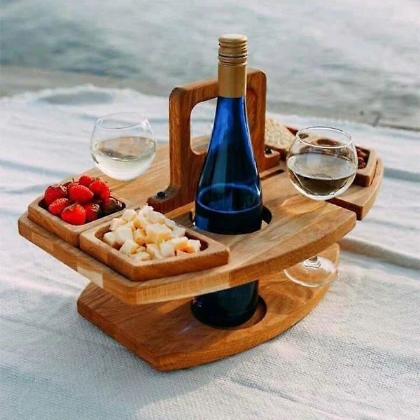 Bord Trä Picknickbord Med Glashållare Rund Fällbart Skrivbord Vinglasställ