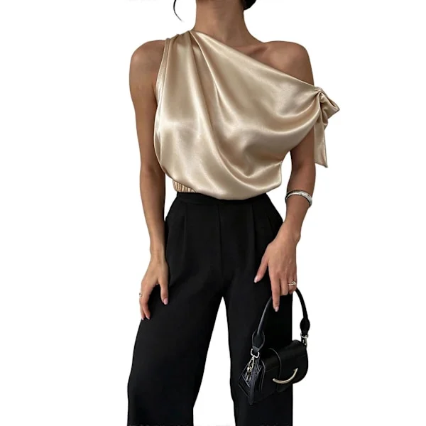 Dame Off Shoulder Topper Uformell Kortermet Asymmetrisk Hals Sateng Bluse Skjorter Aprikosfarge XXL