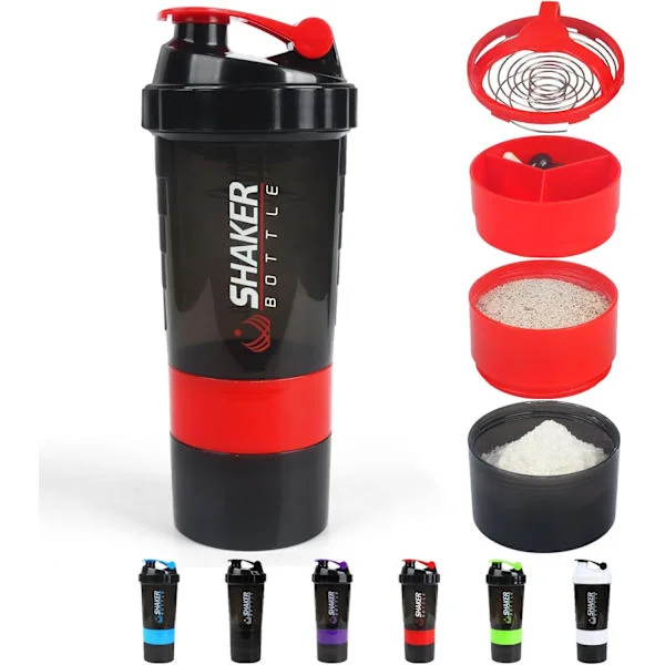 Protein Shaker Flaska, Läcksäker Sportvattenflaska för Protein Mixer - Halkfri 3 Lager, 47 cl Shake Kopp med Pillbox (Svart)
