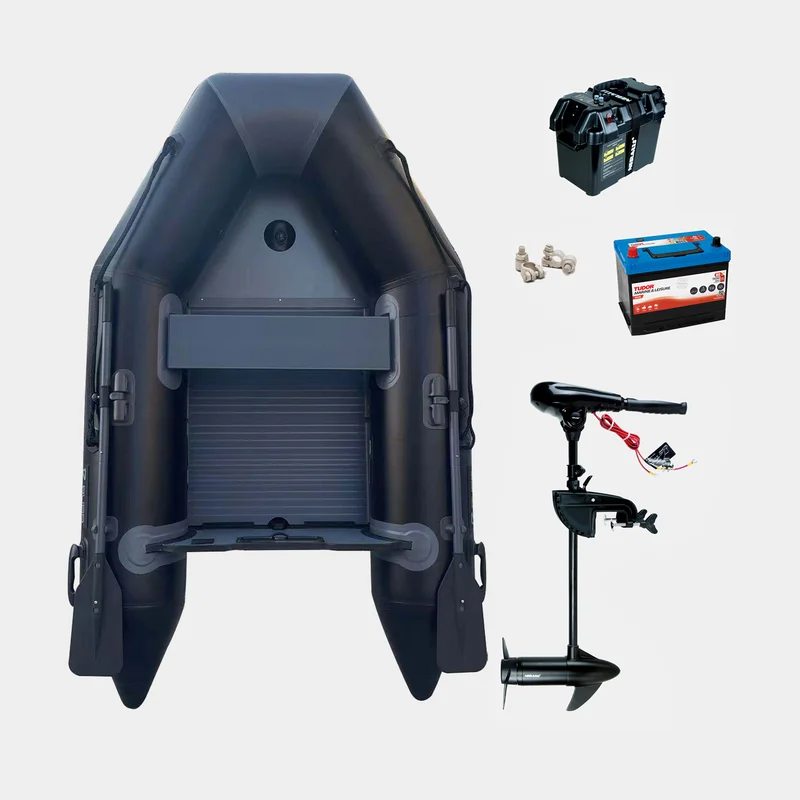 Gummibåt / gummijolle med elmotor RUBB 230 Pro, aluminiumdurk, svart + RUBB X 36, 348 W, 71 cm justerbar rigglängd + batteri (80 Ah) + batterilåda + k