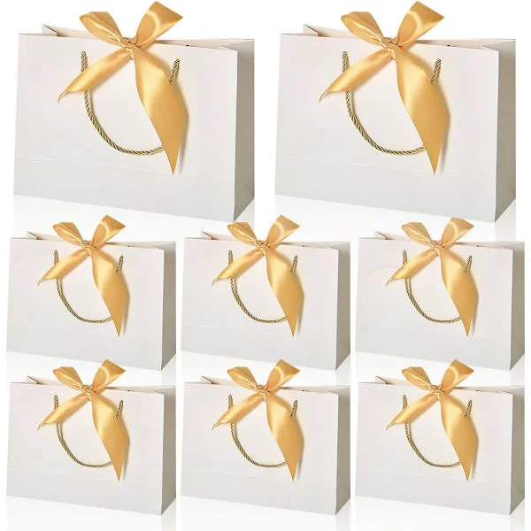 Presentpåsar i papper, papperskassar med handtag, presentpåsar med rosett, stor presentpåse 32x25x11 cm, 8-pack vita presentpåsar