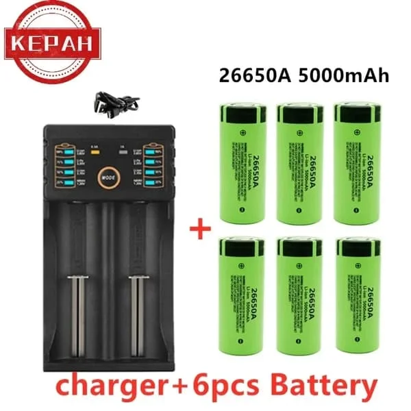 Alkuperäinen korkealaatuinen 26650 akku 5000mAh 3.7V 50A ladattava litiumioniakku 26650A LED-taskulammille+laturi