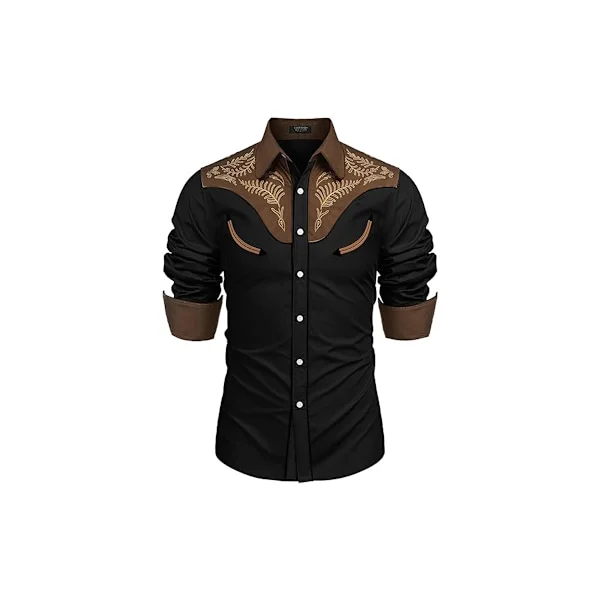 [LCS] Men's Western Cowboy Shirt Casual Long Sleeve Button Down Shirts black