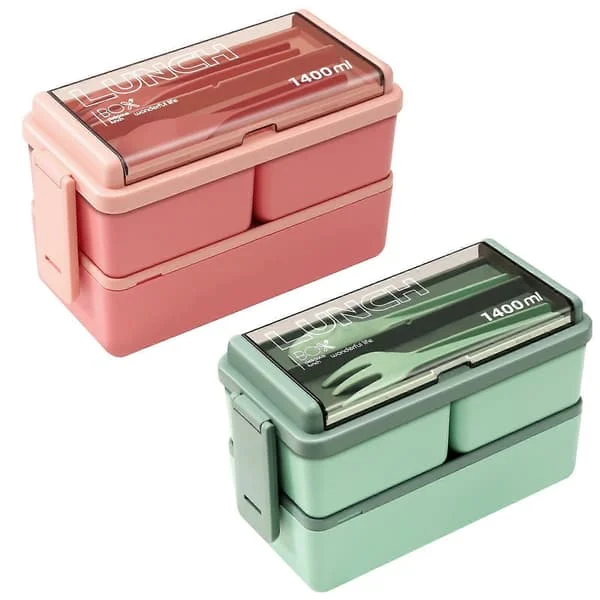 2-pack Bento-lådor för vuxna, 1450 ml läckagesäkra miljövänliga stapelbara lunchlådor för utflykter, arbete, picknick, skola (grön+rosa)