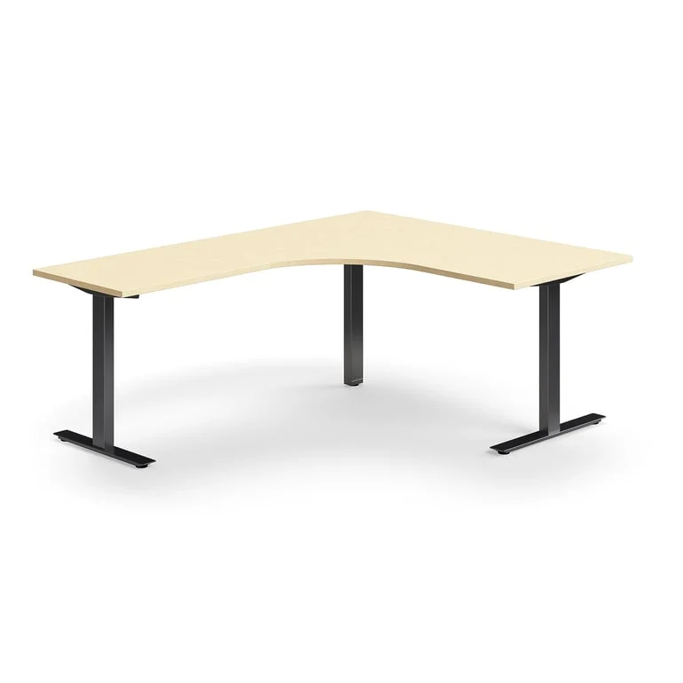 Desk QBUS, L-shaped, 1600x2000 mm, T-frame, black frame, birch