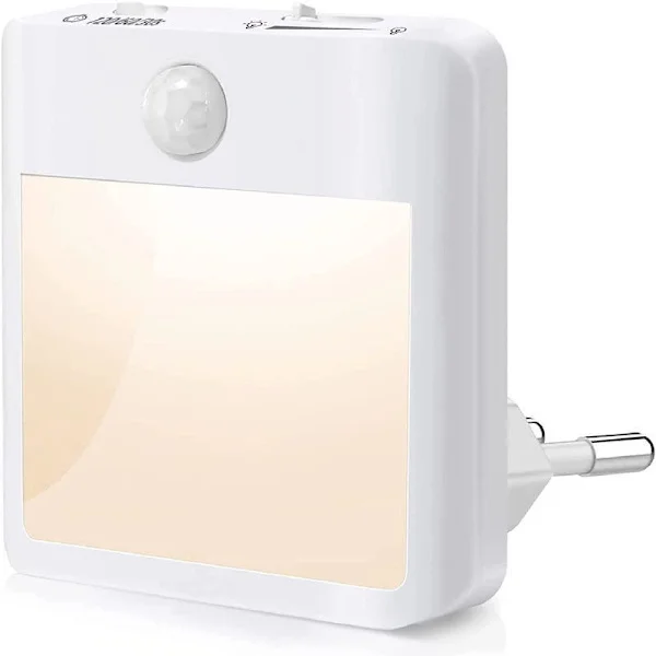 To plug-in nattlys, LED-lamper med bevegelsessensor og dimbart, varmhvitt lys 3500K, egnet for soverom, ganger, kjøkken og stue