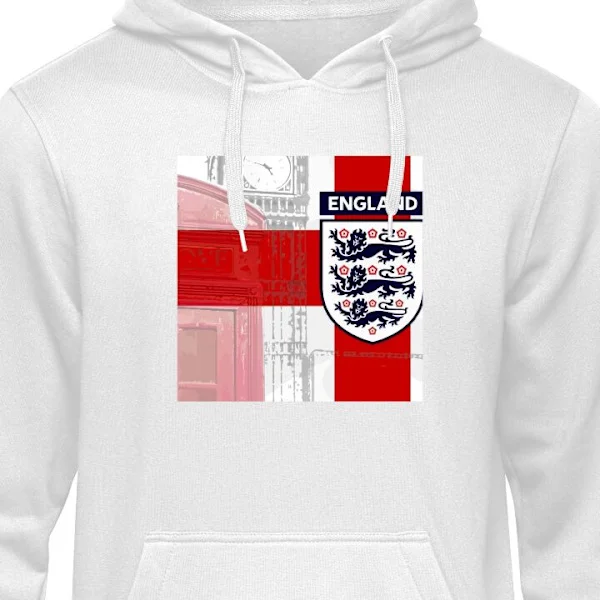 Barn-Hettegenser | Myk Hettegenser for Barn Hvit 5-6 År England motiv med fotball emblem, Big Ben og klassisk rød telefonkiosk