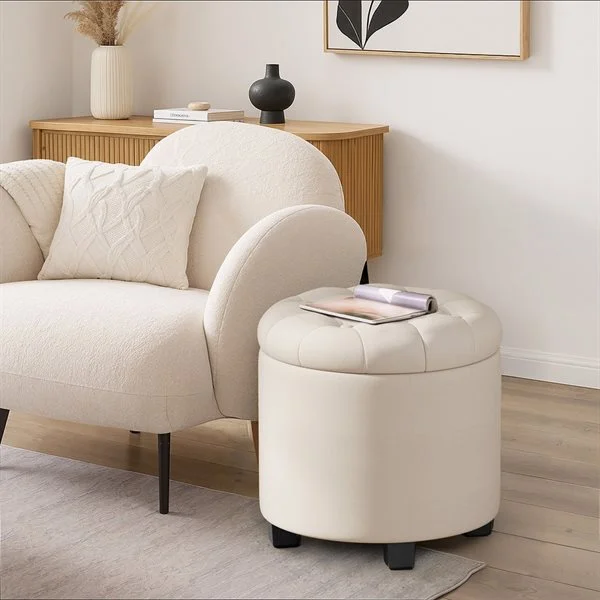 Rund puff 45 x 45 x 44,5 cm med oppbevaring - Lys beige