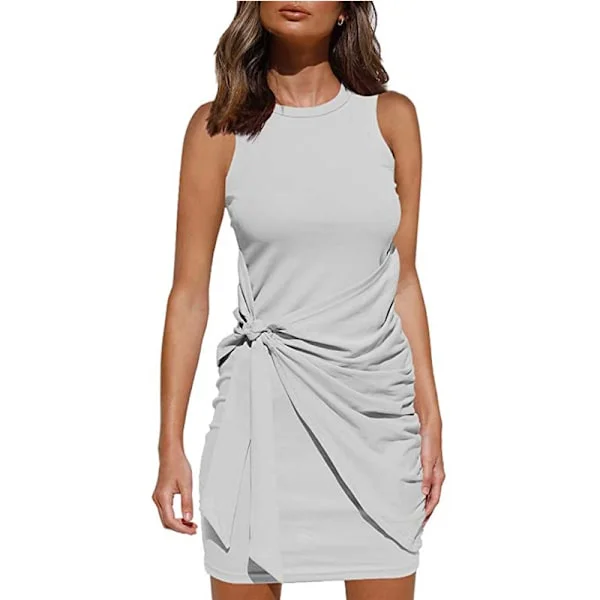 2023 Damer sommar Casual ärmlös strandtankklänning Bodycon Ruched miniklänningar Grey