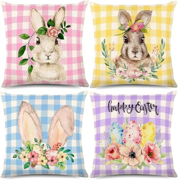 Påske pudebetræk Akvarel Kanin Blomster Æg Pudebetræk Glædelig Påske Kaste Pudebetræk Buffalo Plaid Forår Bondegårdspynt 18 x 18 tommer