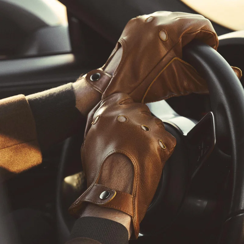 Light Brown Touchscreen Compatible Sheep Leather Driving Gloves for Men - Driving Gloves