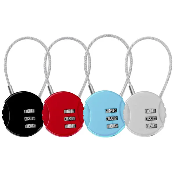 4-pack 3-digit combination locks, airplane locks, small cable locks, combination locks for lockers (4 colors)