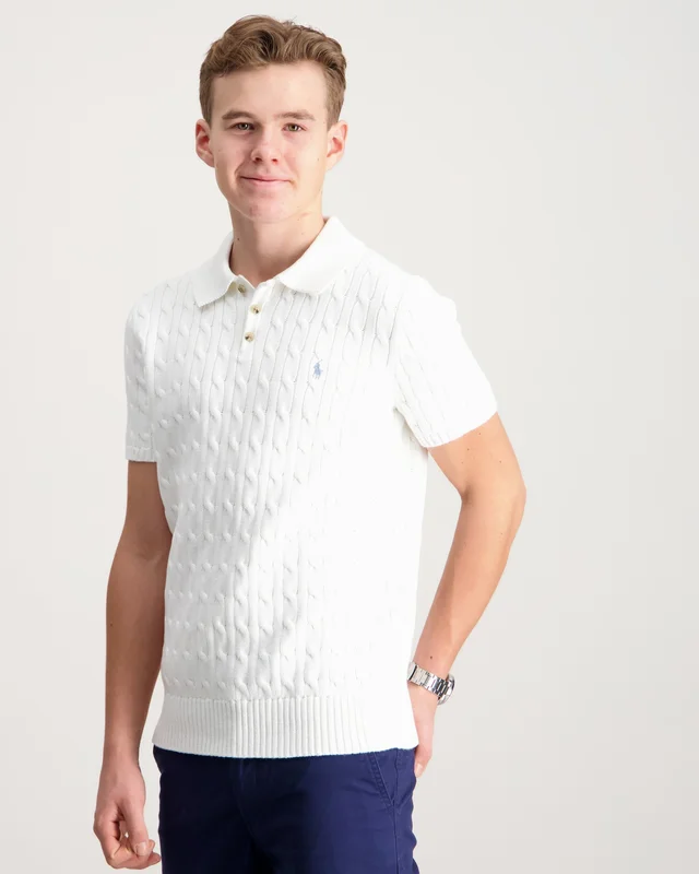 Polo Ralph Lauren Cable-Knit Cotton Polo-Collar Sweater Beige Pique Gutt - Kids Brand Store
