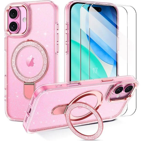 BOOLING Skyddsfodral - För iPhone 17 - Stötsäker PC Silikon Magnetisk Ring Rosa - 2 Rosa Skärmskydd i Härdat Glas