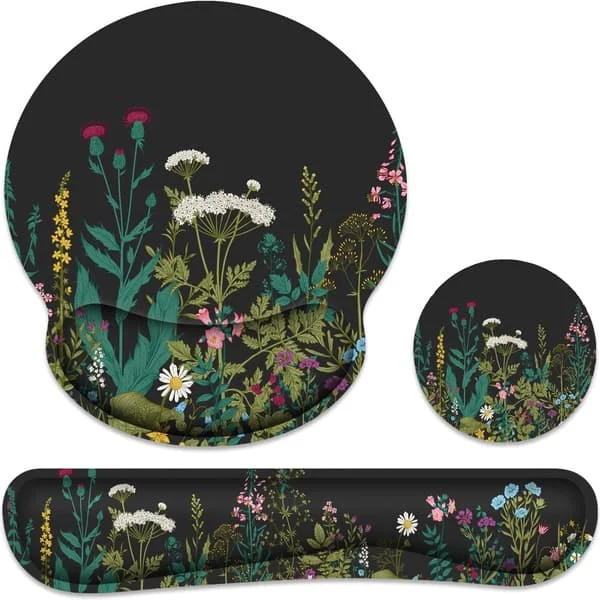 3-i-1 Ergonomisk musematte med håndleddsstøtte, sklisikker spilleoverflate og tastaturstøtte, blomster og vekster