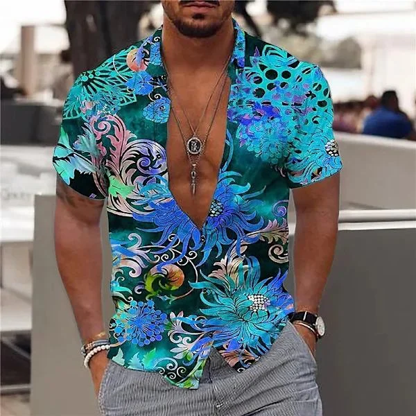 Herr sommarskjorta, mönstrad skjorta, blommig strandstil, retrokläder, hawaiiansk avslappnad krage, kortärmad knappstil