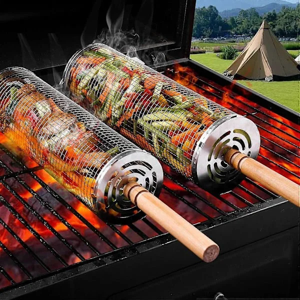 Tvåhjuliga grillkorgar, bärbara grillkorgar i rostfritt stål, lämpliga för utomhusgrillning och matlagning, kan rullas för att grilla grönsaker