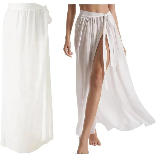 Dam Pareo Baddräktsklänning, Lång Sarong Omlottkjol, Vit Strandöverdrag, En Storlek
