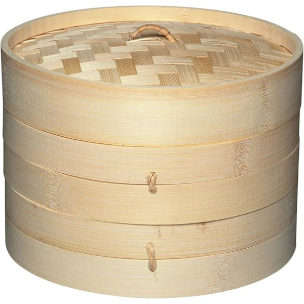 20 cm Bambu Ångkokare, 2 Våningar, Perfekt för Dim Sum, Grönsaker, Bao Buns, Kött och Fisk, Beige