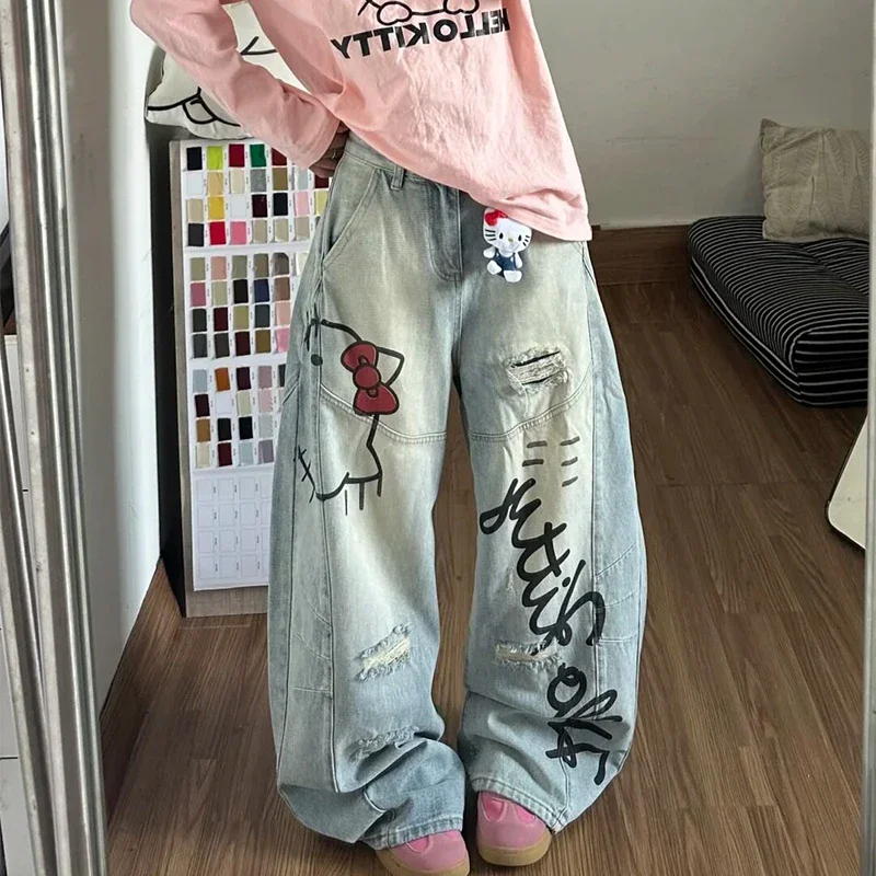 AliExpress - Anime Hello Kitty Jeans Denim Damen American High Street Hose Bedruckte High-Waist Straight Leg Fit Bodenlange Weite Hose