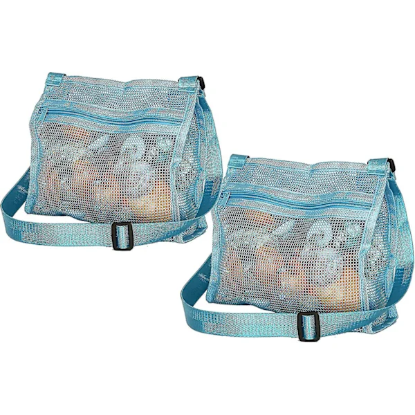 Strandleksak nätväska barn snäckskal samlarväska strand sandleksak kassar för att hålla snäckskal strandleksaker (2-pack)
