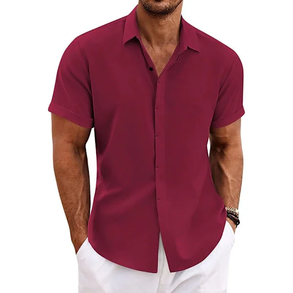 Linneskjortor för män Kortärmade vardagsskjortor Button Down-skjorta för män Strand Sommar Vinröd