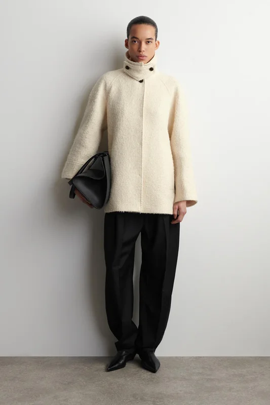 COS Funnel-Neck Wool-Herringbone Short Coat in Beige - Women