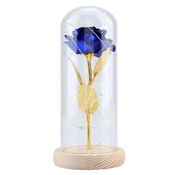 Preserved Rose Flower LED Lamp with Glass Dome Wooden Base Valentine's Day Wedding Blue