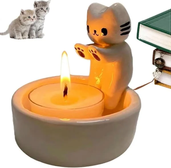 Cartoon Cat Candle Holder, Cute Cat, Handmade Ceramic Candle Holder, Kitten Warms Paws Cute Scented Candle Holder, Cat Lover's Choice Decor, White