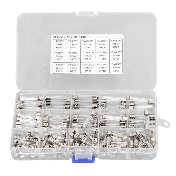 200 STK Glas sikringer Bilsikringssortimentssæt til bil, autocamper, båd, lastbil 5x20mm 6x30mm 250V