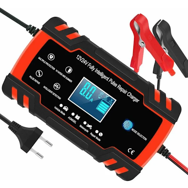 Intelligent bil- og motorsykkelbatterilader 8A 12V/24V, bilbatterilader vedlikeholdslader, 3-trinns batterilader og automatisk reparasjonsfunksjon Tr