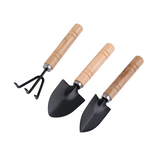Minisett med hageredskaper, planterredskaper, trehåndtak, jernrive, spade for planter, blomster, frøplanter, potter,
