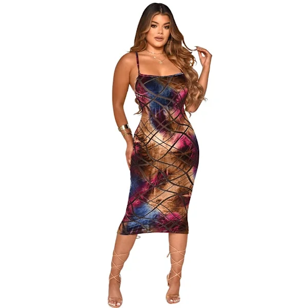 Kvinnors Sommar Spaghetti Rem Sexy Ärmlös Rygglös Bodycon Festklänning Cocktailklänning (Polychrome L)
