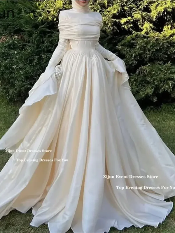 AliExpress - Xijun Luxuriöse beige lange Abendkleider, plissiert, A-Linie, lange Ärmel, Ballkleider, schlicht, gerüscht, Dubai, formelle Ballkleider, 