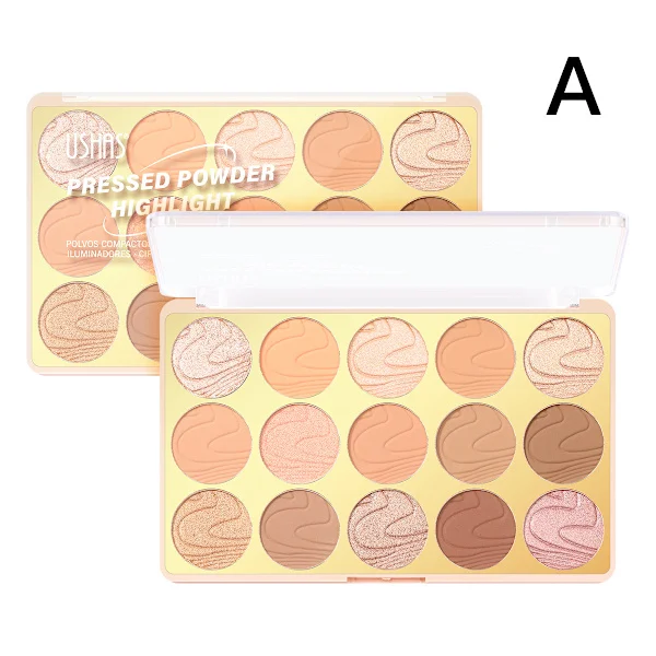 Sminke Highlighter Palett, Concealer & Contouring 15-farget Pudderfoundation + Highlighter UF096A+B